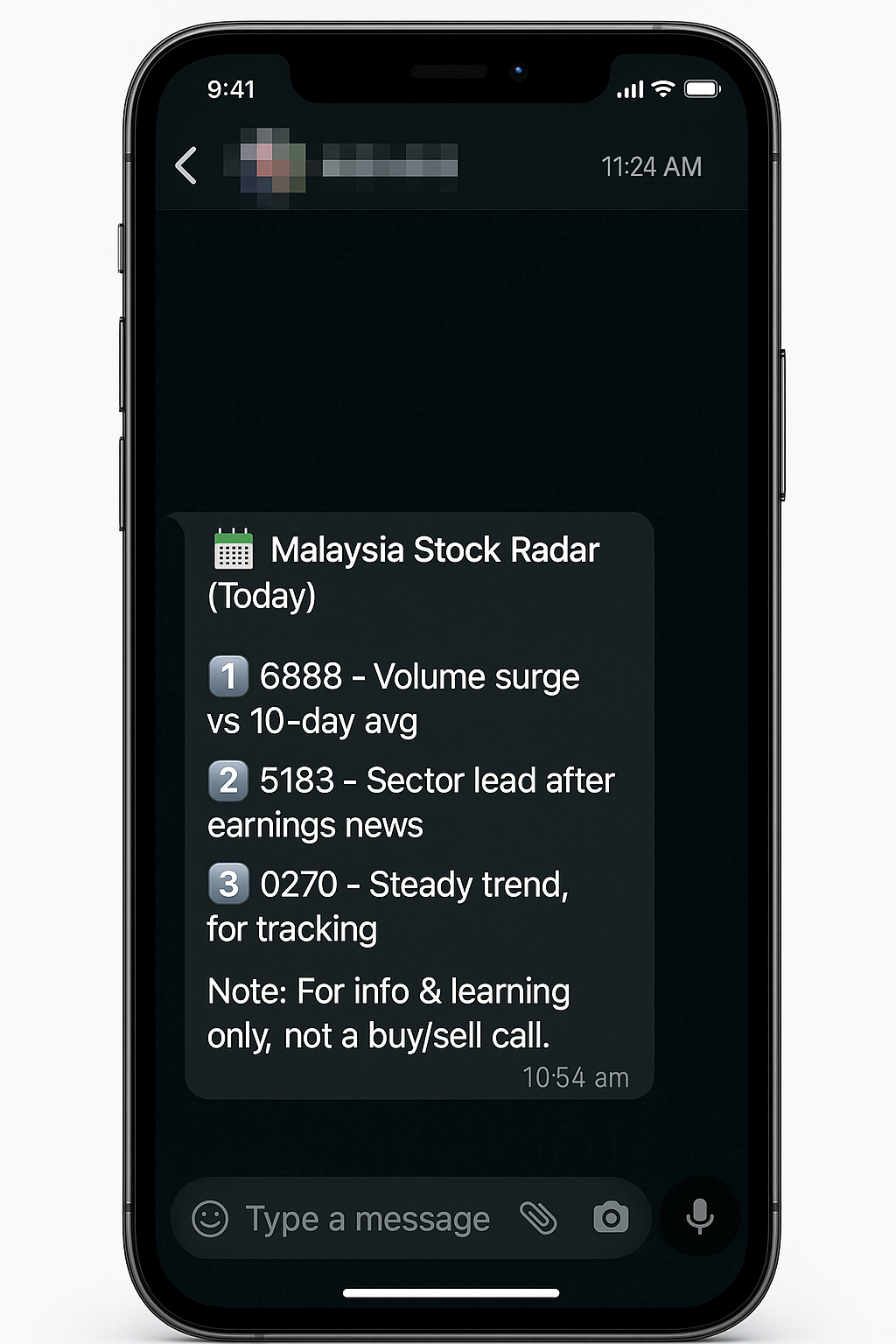 Real WhatsApp message showing Malaysia Stock Radar list (example only)